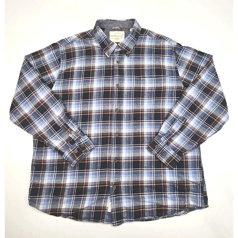 Original Weatherproof Vintage Shirt Mens 2XL Blue Plaid Cozy Flannel Button Up